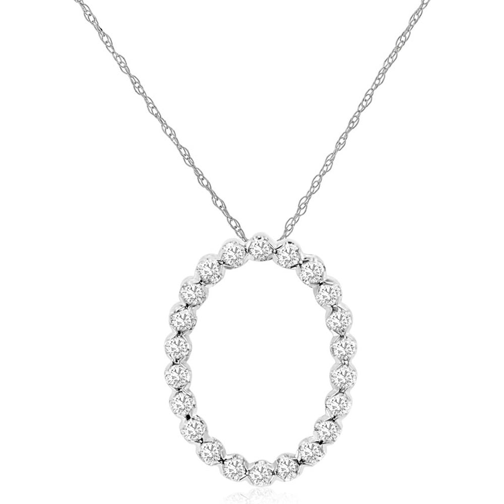 14K White Gold Oval Open Pendant with Prong-Set Round Diamonds - 0.25 Carat Total Diamond Weight - Royal Jewelry