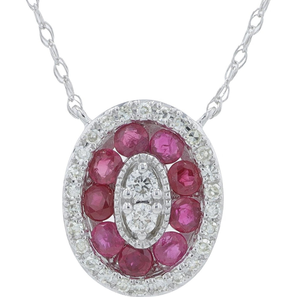 14K White Gold Oval Pendant Necklace with Round Ruby Halo and Diamond Center Accents - 0.40 Carat Total Ruby Weight and 0.11 Carat Diamond Weight