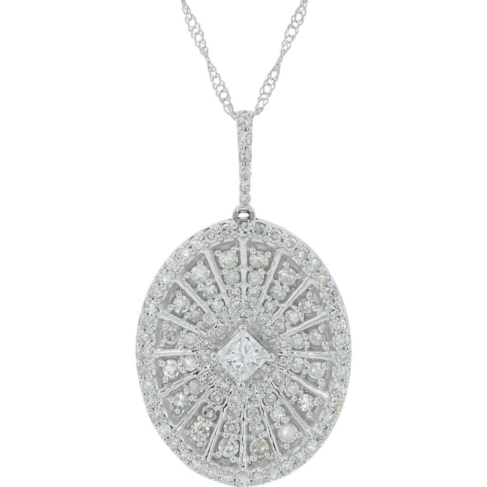 14K White Gold Oval Pendant with 0.20 Carat Princess Cut Center Diamond and 1.00 Carat Total Round Diamond Halo