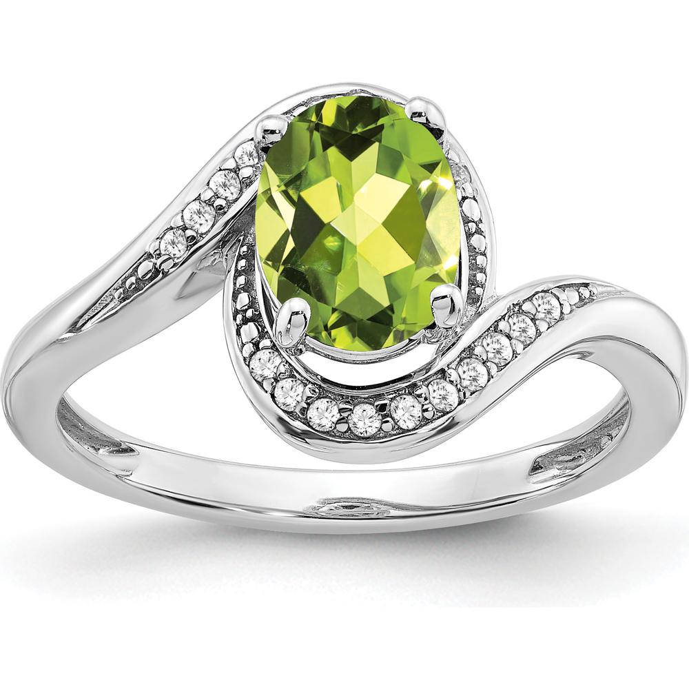 14K White Gold Oval Peridot and Diamond Bypass Ring - 1.28 Carat Peridot, 0.05 Carat Diamonds by 0