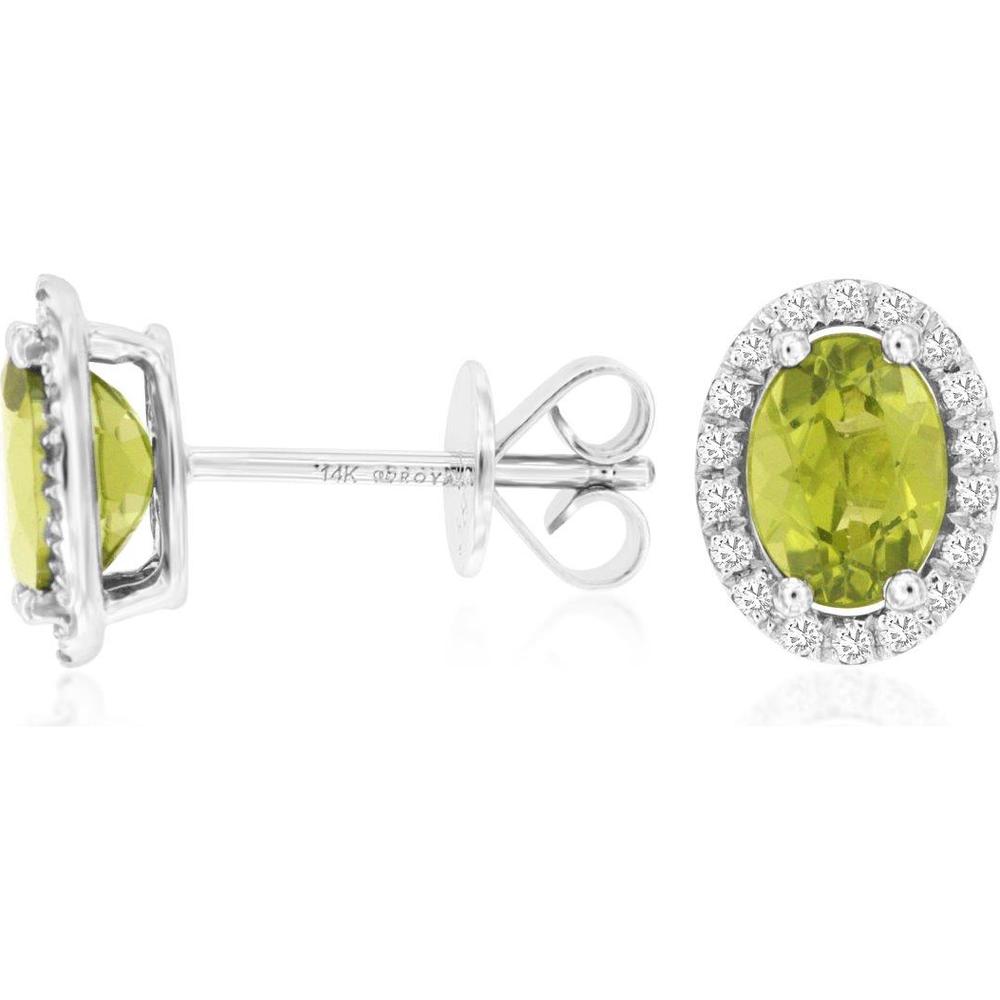 14K White Gold Oval Peridot and Diamond Halo Stud Earrings - 1.80 Carats Total Peridot Weight