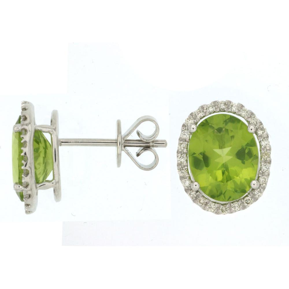 14K White Gold Oval Peridot and Diamond Halo Stud Earrings - 5.40 Carat Total Peridot Weight, 0.35 Carat Total Diamond Weight - Royal Jewelry