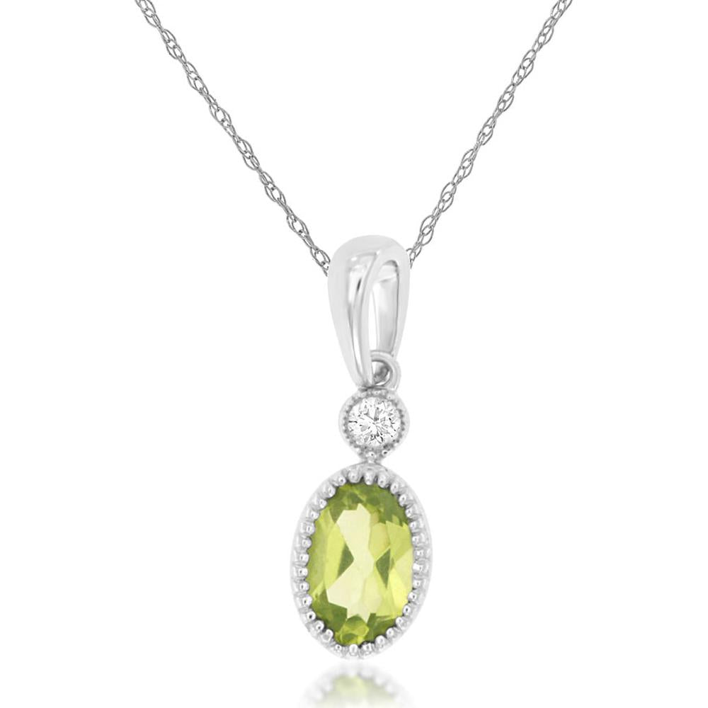 14K White Gold Oval Peridot and Diamond Pendant with Milgrain Bezel - 0.48 Carat Peridot, 0.03 Carat Diamond Total Weight - Royal Jewelry