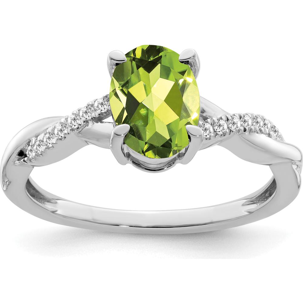 14K White Gold Oval Peridot and Diamond Ring - 1.28 Carat Peridot, 0.07 Carat Diamond by 0