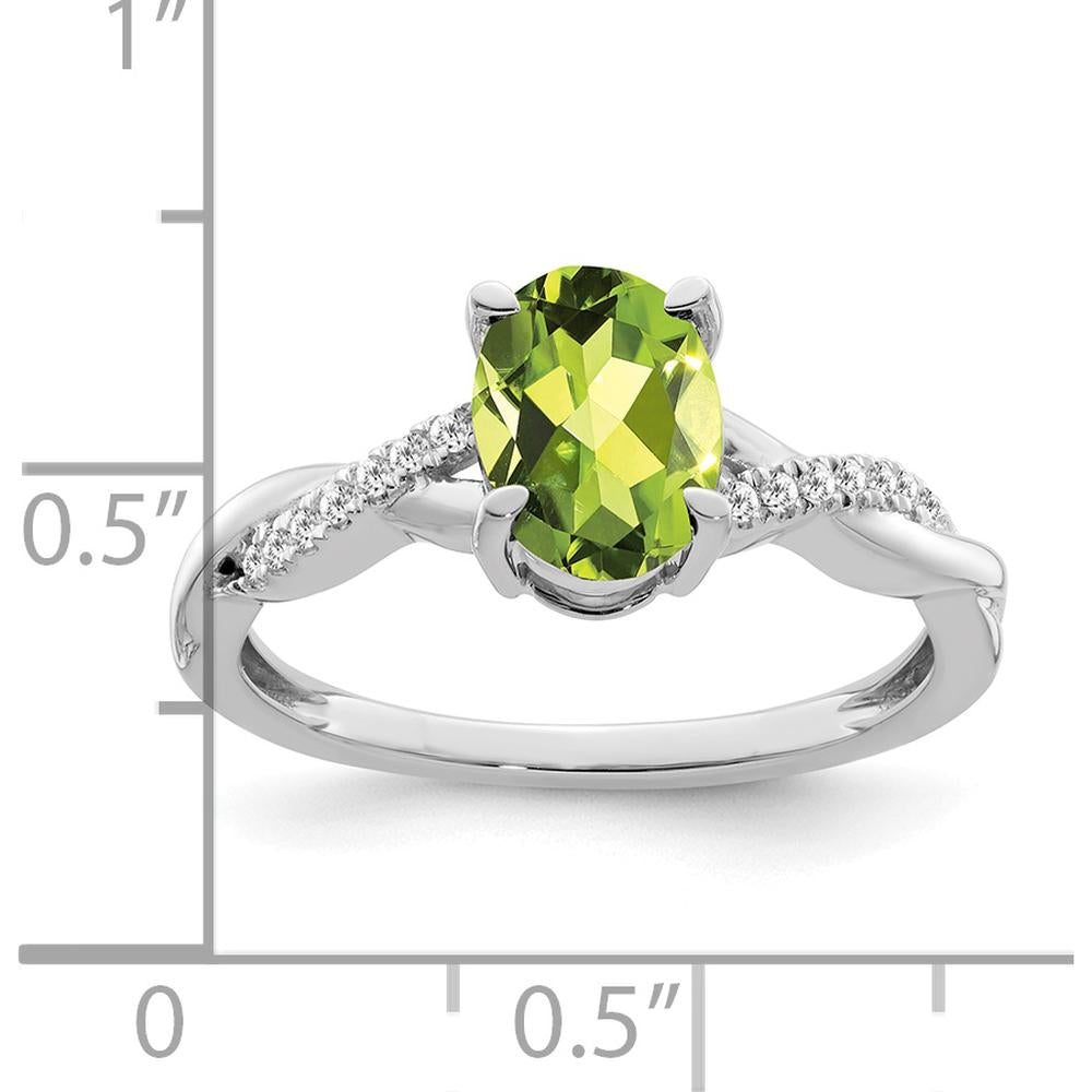 14K White Gold Oval Peridot and Diamond Ring - 1.28 Carat Peridot, 0.07 Carat Diamond by 0