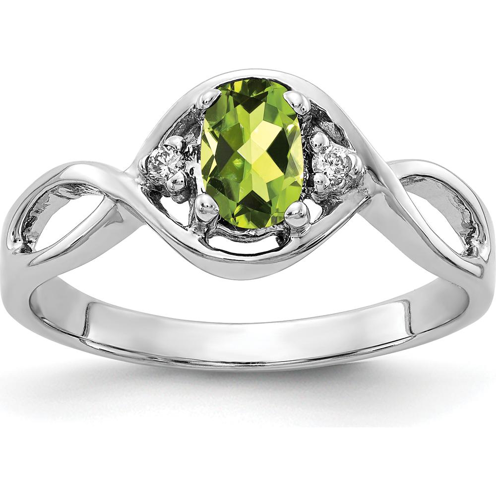 14K White Gold Oval Peridot and Diamond Ring with Faceted Round Diamonds - 0.45 Carat Peridot, 0.012 Carat Diamond Total Weight by Monteluci Fine Jewelry