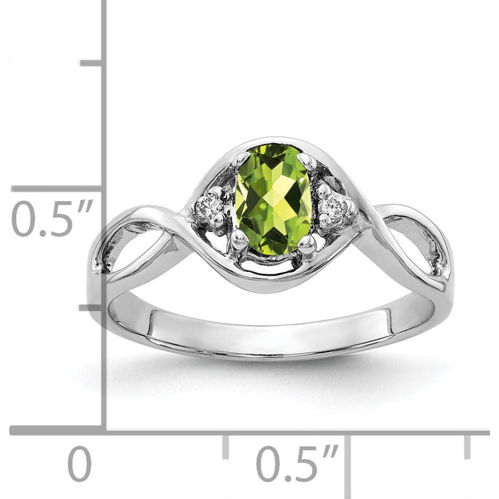 14K White Gold Oval Peridot and Diamond Ring with Faceted Round Diamonds - 0.45 Carat Peridot, 0.012 Carat Diamond Total Weight by Monteluci Fine Jewelry