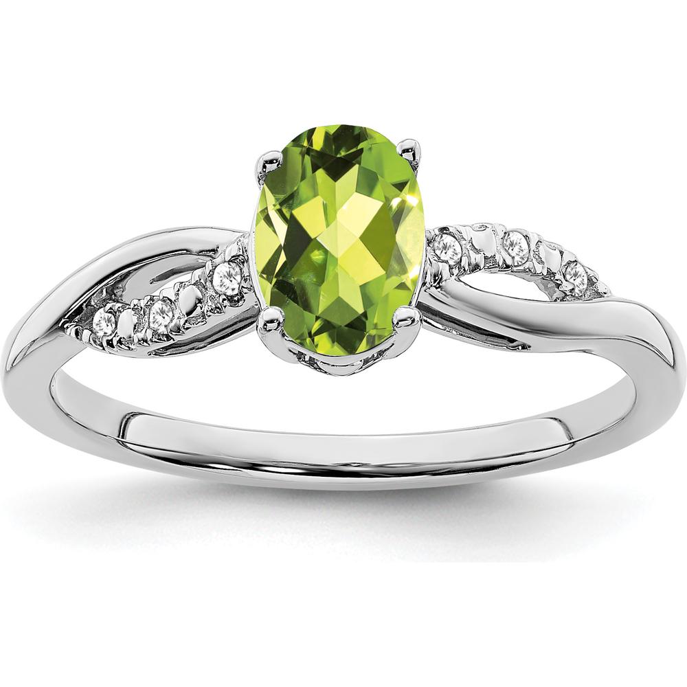 14K White Gold Oval Peridot and Diamond Ring with Tapered Band - 1.21 Carat Peridot, 0.048 Carat Diamond Total Weight by 0