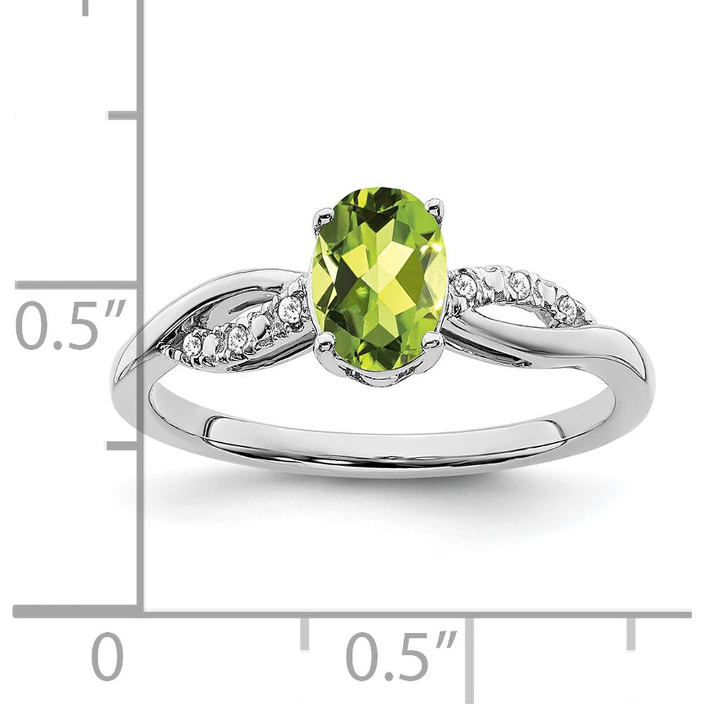 14K White Gold Oval Peridot and Diamond Ring with Tapered Band - 1.21 Carat Peridot, 0.048 Carat Diamond Total Weight by 0