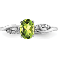 14K White Gold Oval Peridot and Diamond Ring with Tapered Band - 1.21 Carat Peridot, 0.048 Carat Diamond Total Weight by 0