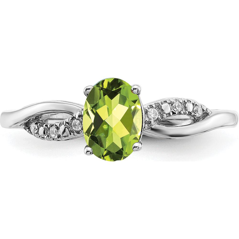 14K White Gold Oval Peridot and Diamond Ring with Tapered Band - 1.21 Carat Peridot, 0.048 Carat Diamond Total Weight by 0