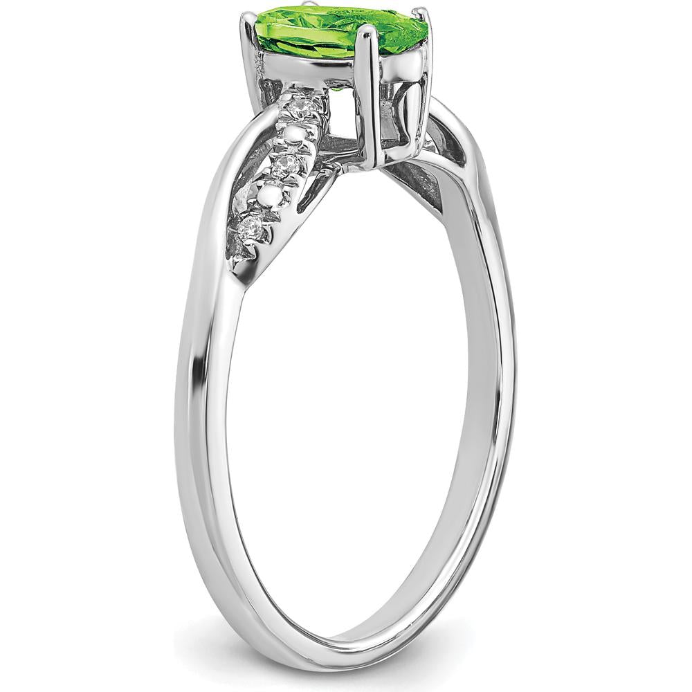 14K White Gold Oval Peridot and Diamond Ring with Tapered Band - 1.21 Carat Peridot, 0.048 Carat Diamond Total Weight by 0
