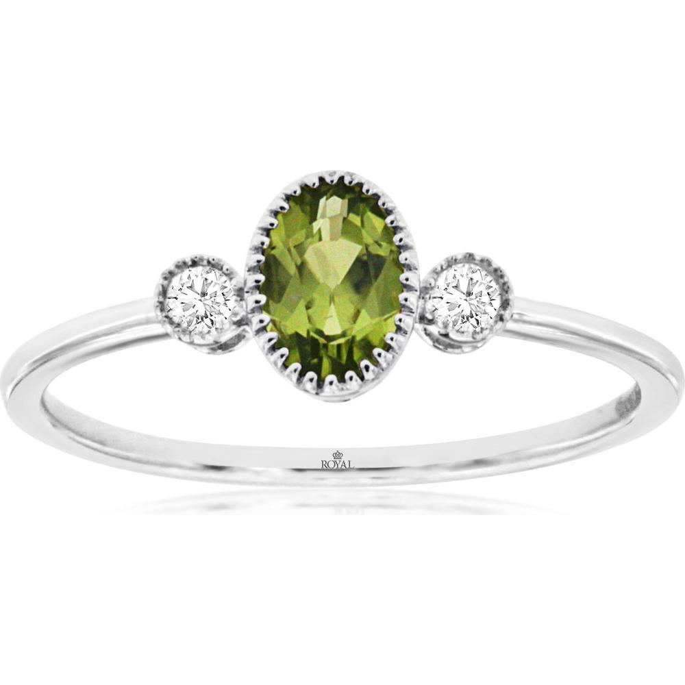 14K White Gold Oval Peridot and Diamond Three-Stone Ring with Milgrain Detail - 0.45 Carat Peridot and 0.06 Carat Total Diamond Weight - Royal Jewelry