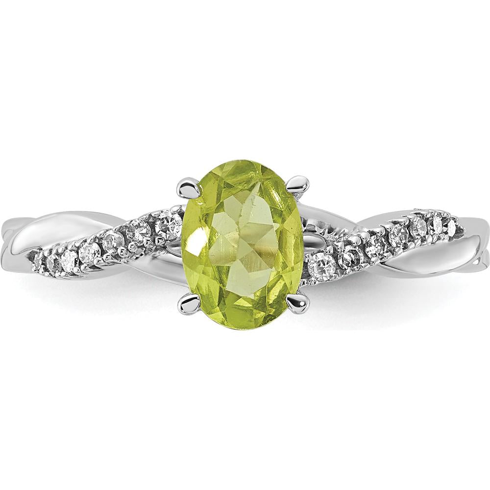 14K White Gold Oval Peridot and Round Diamond Ring - 0.006 Carat Total Diamond Weight by 0