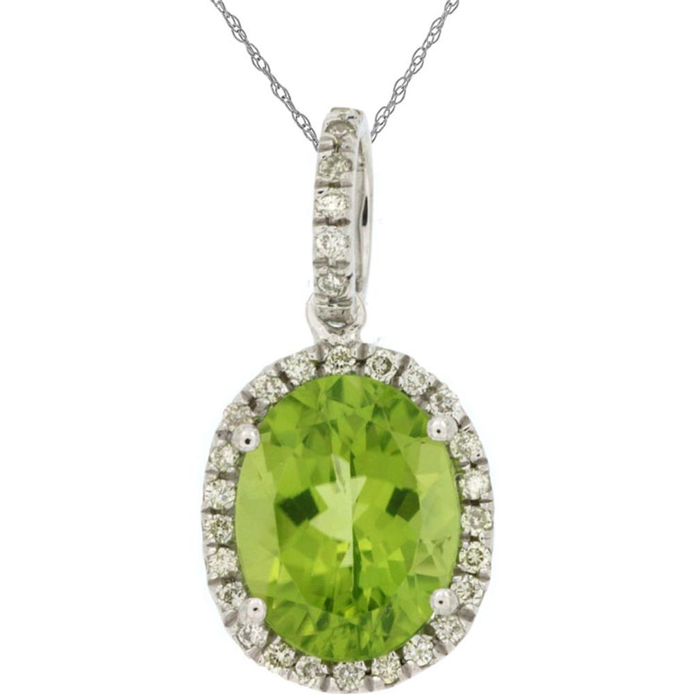 14K White Gold Oval Peridot Halo Pendant with Round Diamonds - 2.80 Carat Peridot and 0.18 Carat Total Diamond Weight - Royal Jewelry