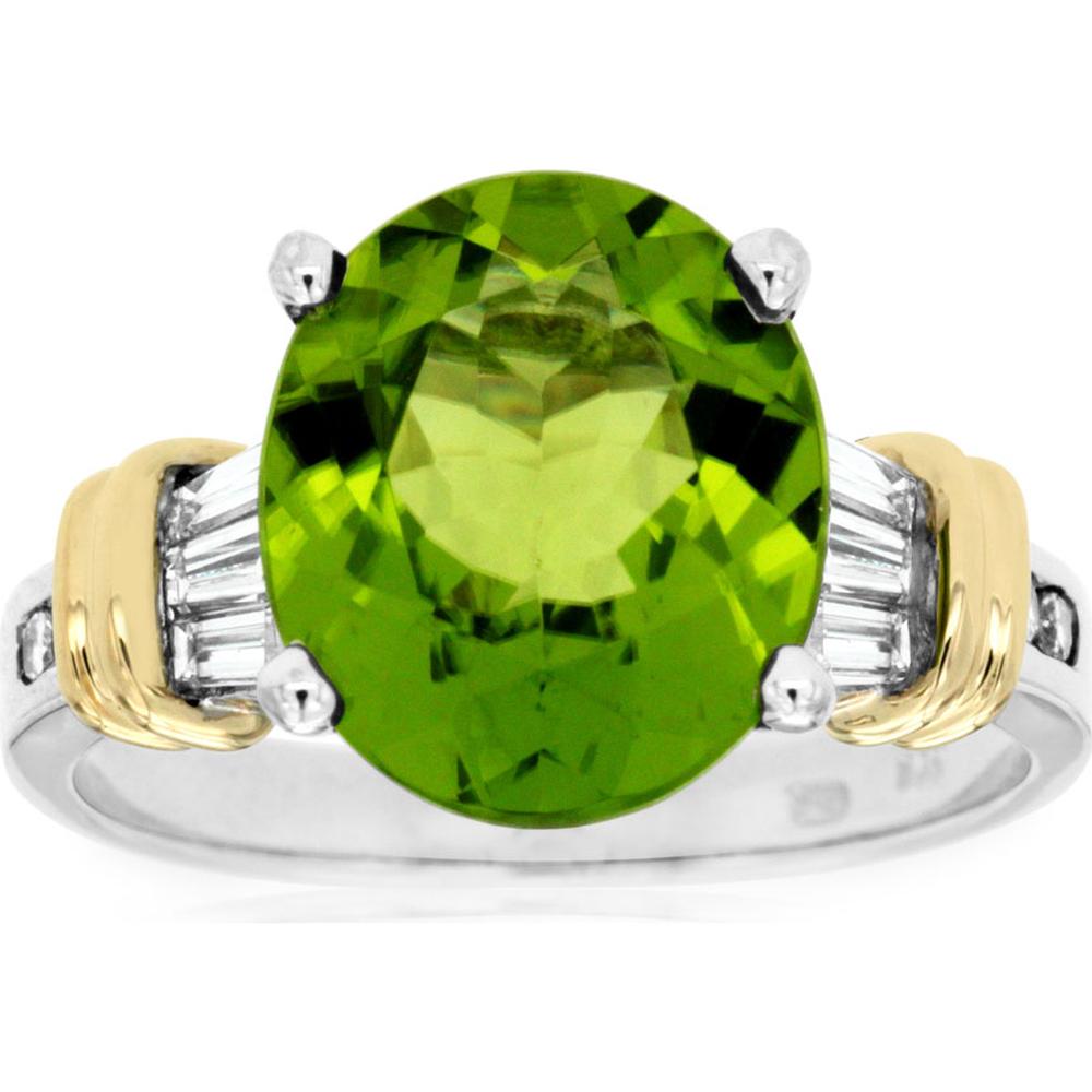 14K White Gold Oval Peridot Ring with Tapered Baguette Diamond Accents - 4.85 Carat Peridot and 0.43 Carat Total Diamond Weight - Royal Jewelry