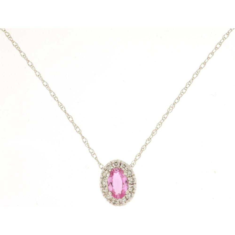 14K White Gold Oval Pink Sapphire and Diamond Halo Pendant Necklace - 0.38 Carat Pink Sapphire and 0.10 Carat Diamonds - Royal Jewelry