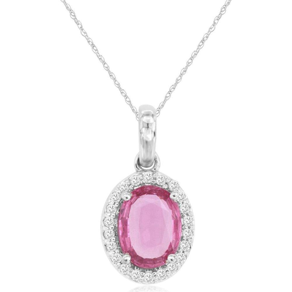14K White Gold Oval Pink Sapphire & Diamond Halo Pendant Necklace - 1.60 Carat Pink Sapphire, 0.14 Carat Total Diamond Weight - Royal Jewelry