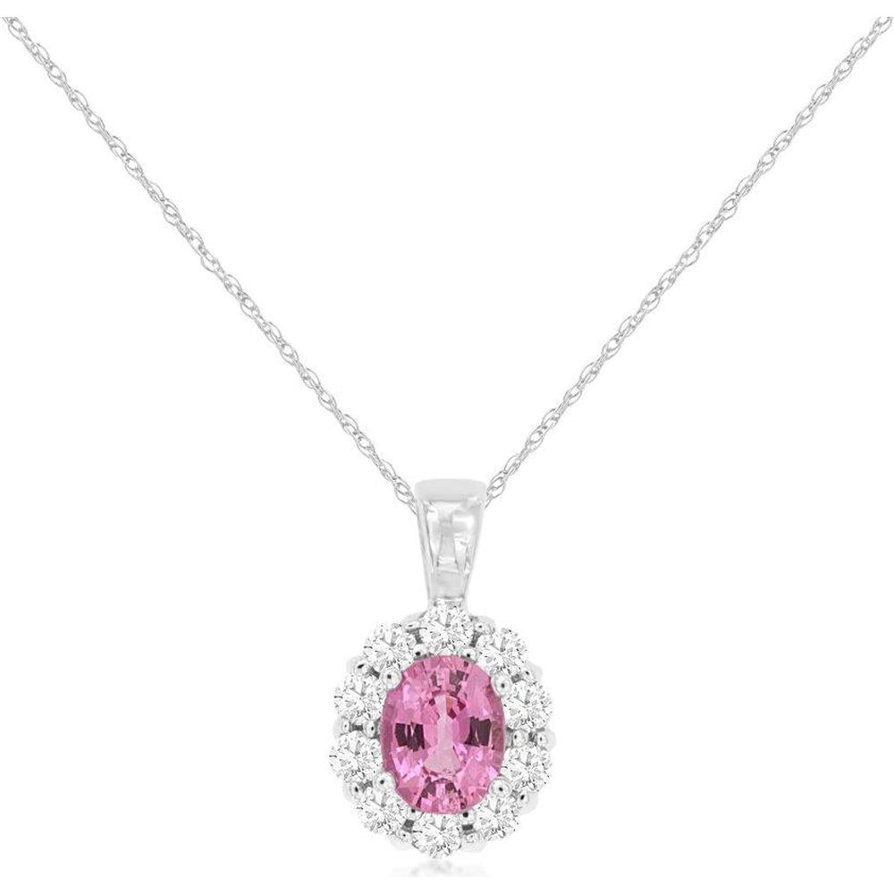 14K White Gold Oval Pink Sapphire Pendant with Round Diamond Halo - .35 Carat Pink Sapphire & .20 Carat Total Diamond Weight - Royal Jewelry