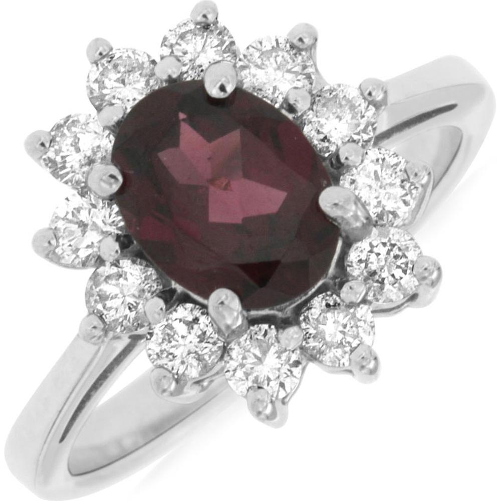 14K White Gold Oval Rhodolite Halo Ring with Round Diamonds - 1.40 Carat Rhodolite and 0.75 Carat Total Diamond Weight - Royal Jewelry
