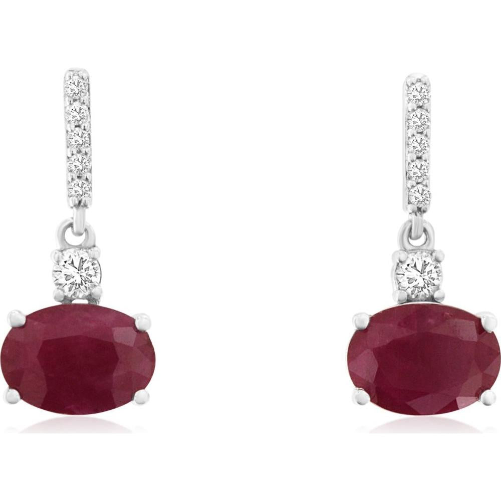 14K White Gold Oval Ruby and Diamond Drop Earrings with Pavé Hoops - 1.80 Carat Total Ruby Weight, 0.14 Carat Total Diamond Weight - Royal Jewelry