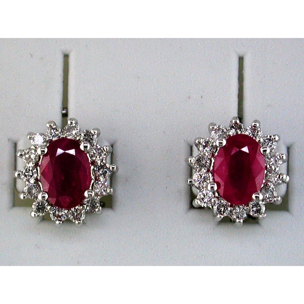 14K White Gold Oval Ruby & Diamond Halo Earrings - 1.80 Carats Total Ruby Weight, 0.60 Carats Total Diamond Weight