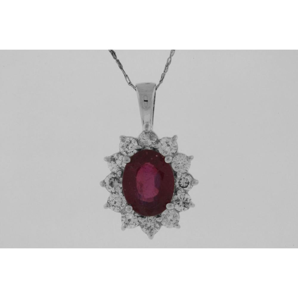 14K White Gold Oval Ruby & Diamond Halo Pendant – 2.30 Carat Ruby with 1.00 Carat Total Diamond Weight - Royal Jewelry