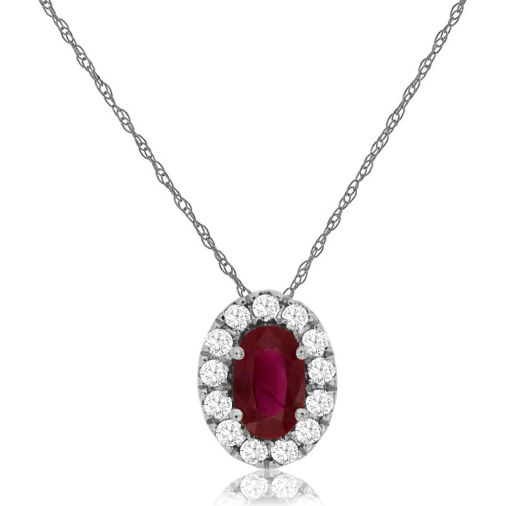 14K White Gold Oval Ruby and Diamond Halo Pendant Necklace - 0.22 Carat Ruby and 0.10 Carat Total Diamond Weight - Royal Jewelry