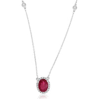 14K White Gold Oval Ruby and Diamond Halo Pendant Necklace with Diamond Station Chain - 1.23 Carat Ruby and 0.27 Carat Total Diamond Weight - Royal Jewelry