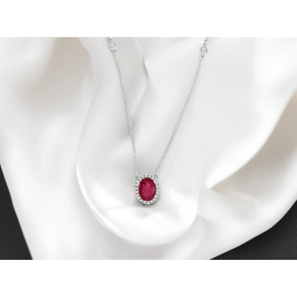 14K White Gold Oval Ruby and Diamond Halo Pendant Necklace with Diamond Station Chain - 1.23 Carat Ruby and 0.27 Carat Total Diamond Weight - Royal Jewelry