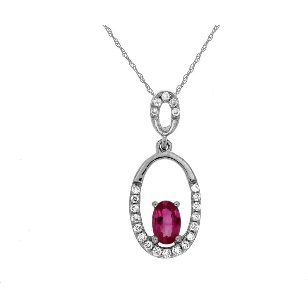 14K White Gold Oval Ruby and Diamond Halo Pendant with Diamond Accented Bail - 0.25 Carat Ruby, 0.10 Carat Total Diamond Weight - Royal Jewelry