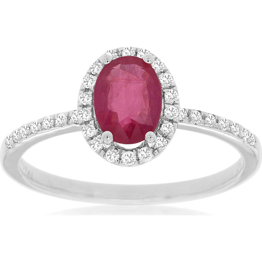 14K White Gold Oval Ruby and Diamond Halo Ring with Diamond Accented Band - 0.90 Carat Ruby and 0.17 Carat Total Diamond Weight - Royal Jewelry