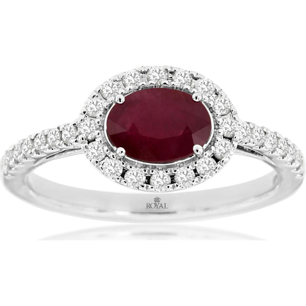 14K White Gold Oval Ruby and Diamond Halo Ring with Milgrain Detail - 0.90 Carat Ruby and 0.33 Carat Diamond Total Weight - Royal Jewelry
