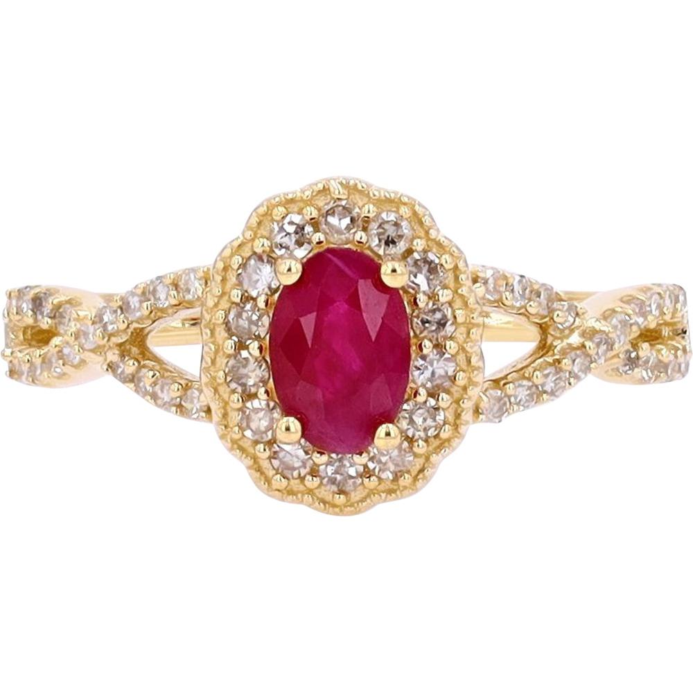 14K White Gold Oval Ruby and Diamond Halo Ring with Pavé Band - 0.25 Carats Total Diamond Weight