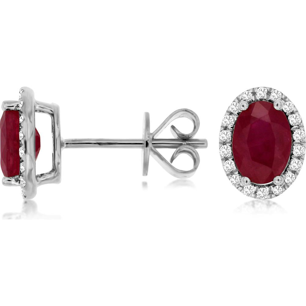 14K White Gold Oval Ruby and Diamond Halo Stud Earrings - 1.80 Carat Total Ruby Weight, 0.19 Carat Total Diamond Weight - Royal Jewelry
