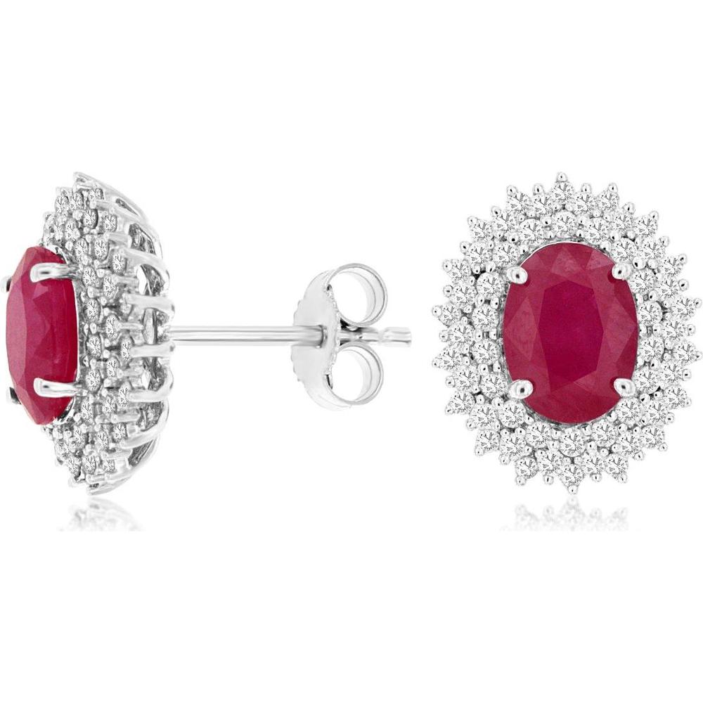14K White Gold Oval Ruby and Diamond Halo Stud Earrings - 1.80 Carat Total Ruby Weight and 0.50 Carat Total Diamond Weight - Royal Jewelry