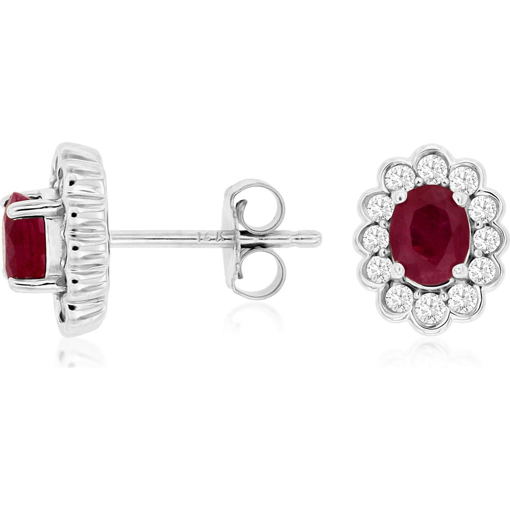 14K White Gold Oval Ruby and Diamond Halo Stud Earrings with Milgrain Detail - 0.80 Carat Total Ruby Weight and 0.33 Carat Total Diamond Weight - Royal Jewelry