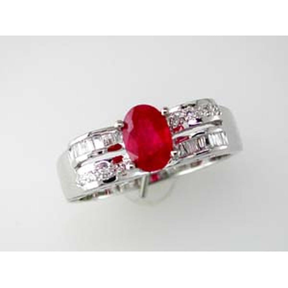 14K White Gold Oval Ruby and Diamond Ring with Baguette-Style Diamond Accents - 0.85 Carat Ruby Weight and 0.30 Carat Total Diamond Weight - Royal Jewelry