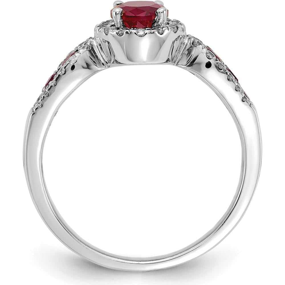 14K White Gold Oval Ruby and Round Diamond Ring with Halo Setting - 0.93 Carat Ruby and 0.18 Carat Total Diamond Weight by 0