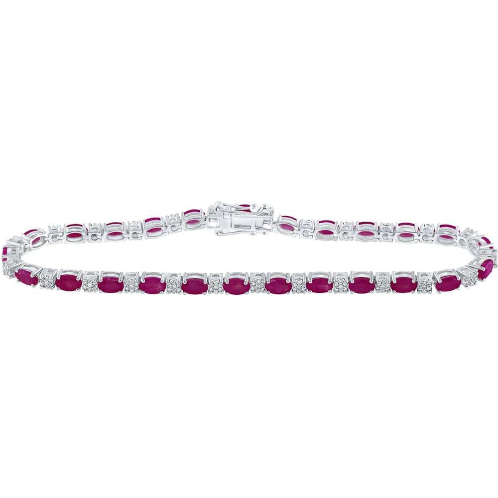 14K White Gold Oval Ruby and Round Diamond Tennis Bracelet - 7 Carat Total Gemstone Weight