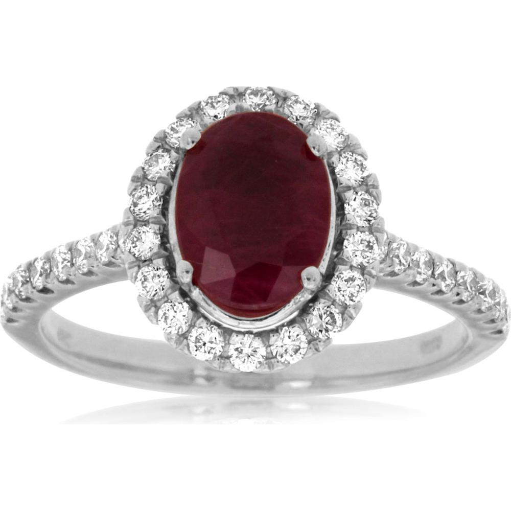 14K White Gold Oval Ruby Halo Ring with Diamond Accents - 1.20 Carat Ruby and 0.50 Carat Total Diamond Weight - Royal Jewelry