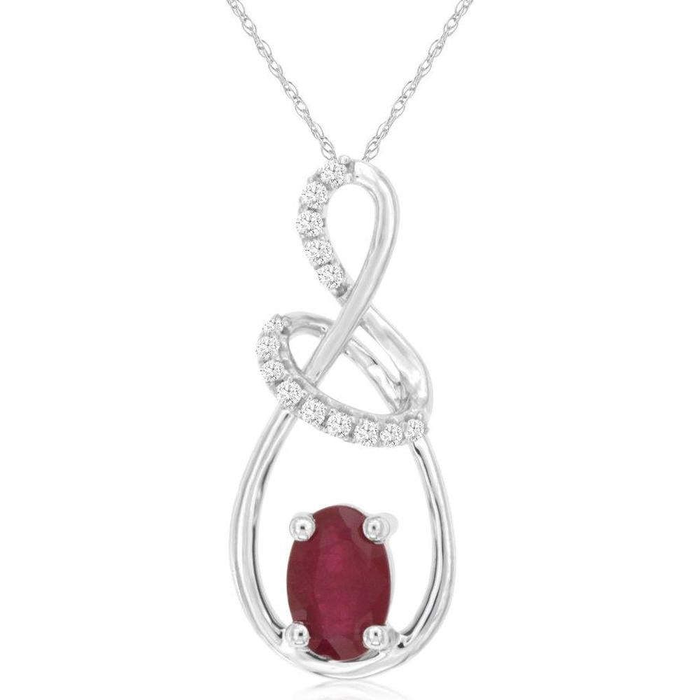 14K White Gold Oval Ruby Pendant with Diamond Accents - 0.56 Carat Ruby and 0.08 Carat Total Diamond Weight - Royal Jewelry