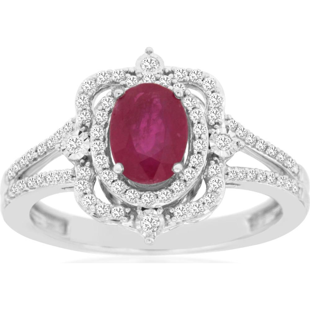 14K White Gold Oval Ruby Ring with Scalloped Double Diamond Halo and Milgrain Detailing - 0.90 Carat Ruby, 0.33 Carat Total Diamond Weight - Royal Jewelry