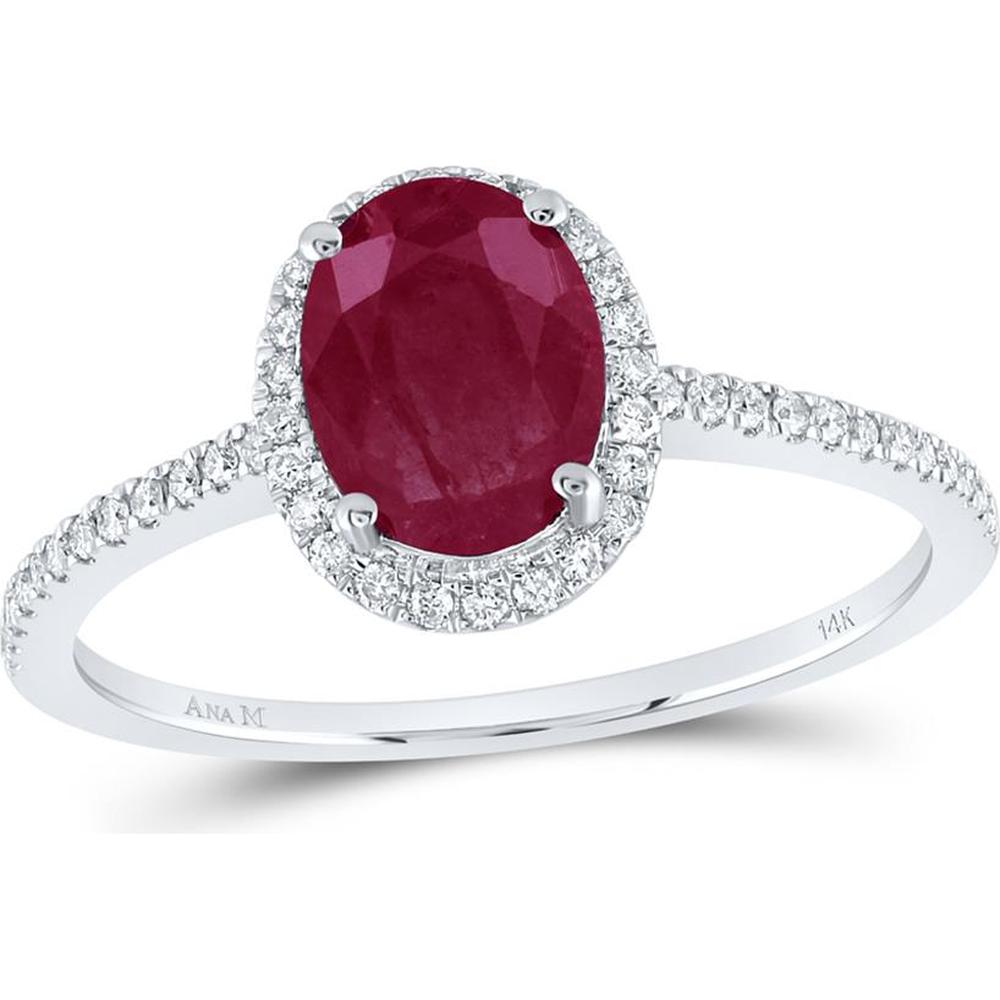 14K White Gold Oval Ruby Solitaire Diamond Halo Ring with 2 Carat Total Gem Weight