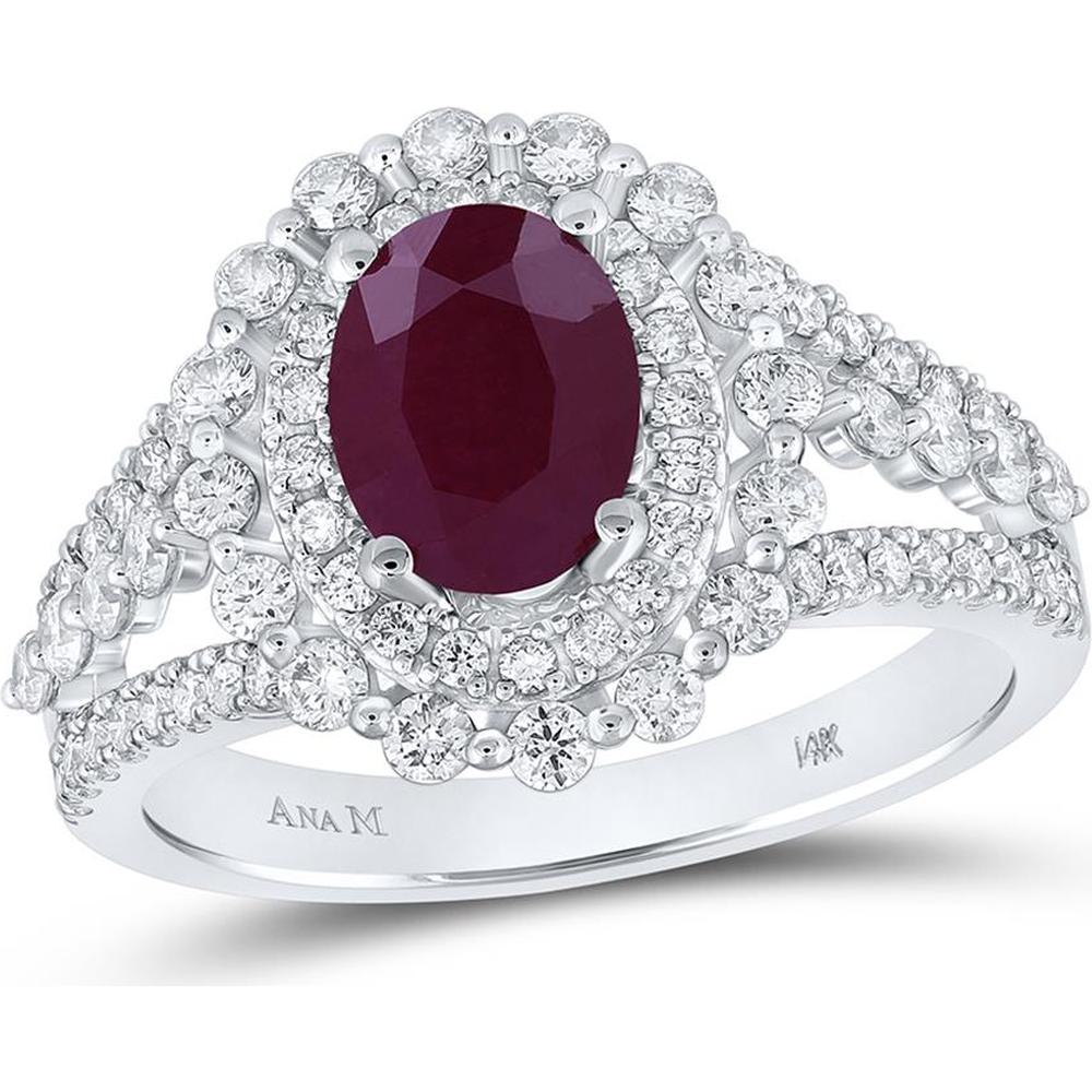 14K White Gold Oval Ruby Solitaire Fashion Ring with Round Diamonds - 2.07 Carat Total Gemstone Weight