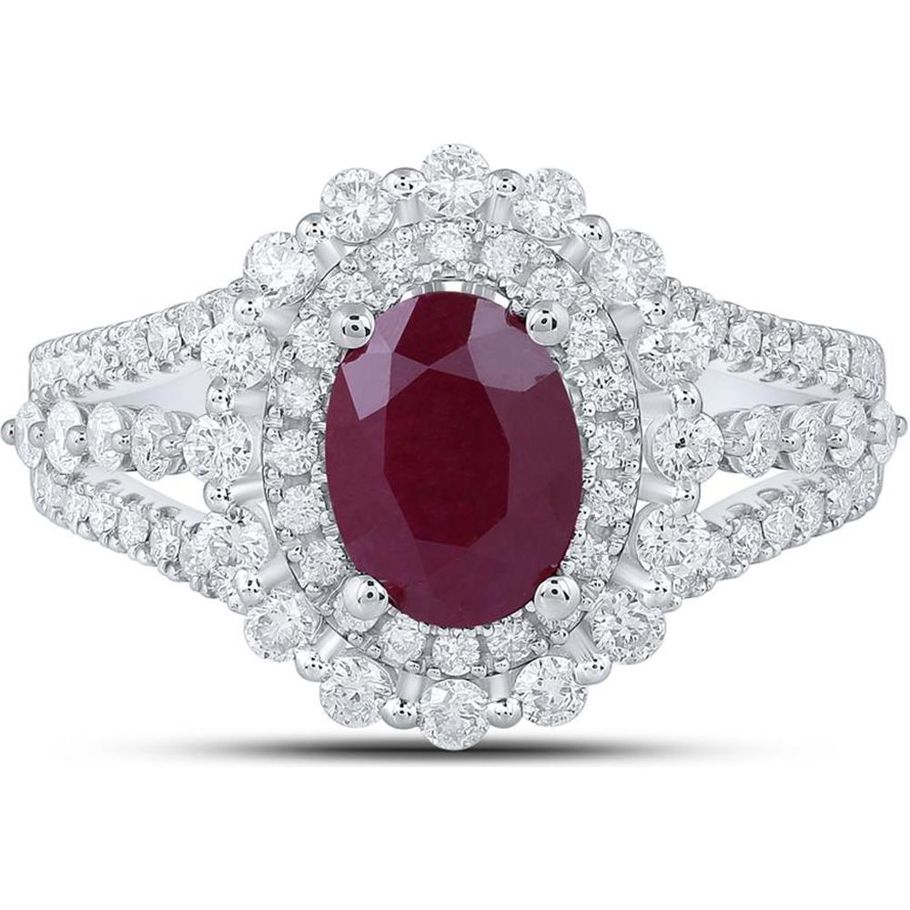 14K White Gold Oval Ruby Solitaire Fashion Ring with Round Diamonds - 2.07 Carat Total Gemstone Weight