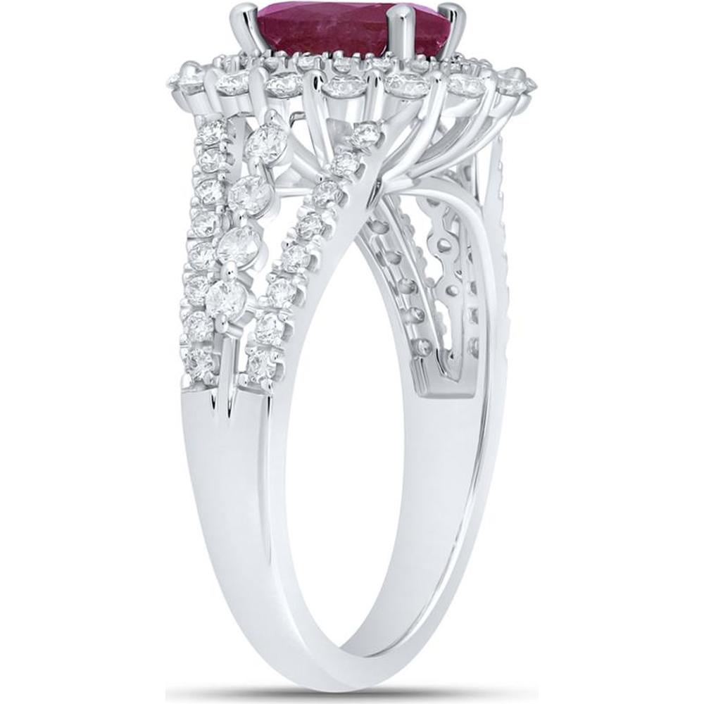 14K White Gold Oval Ruby Solitaire Fashion Ring with Round Diamonds - 2.07 Carat Total Gemstone Weight