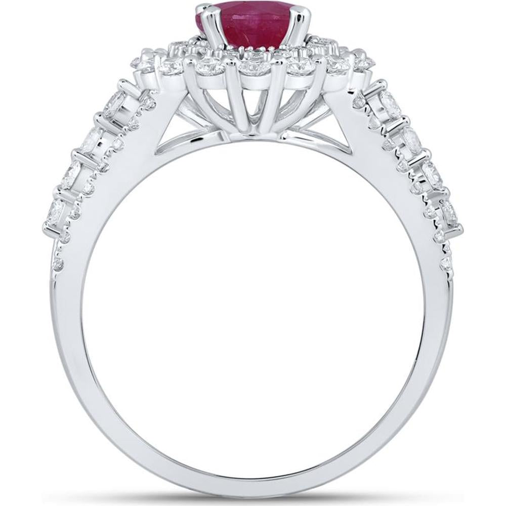 14K White Gold Oval Ruby Solitaire Fashion Ring with Round Diamonds - 2.07 Carat Total Gemstone Weight