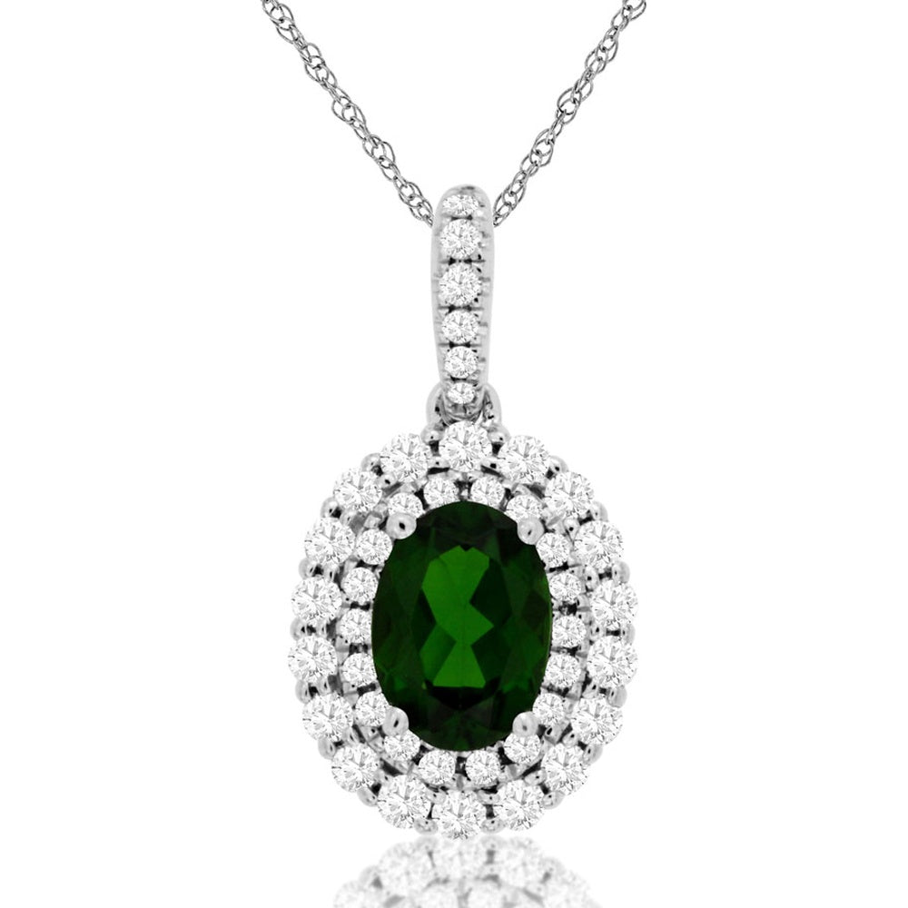 14K White Gold Oval Russalite and Diamond Double Halo Pendant Necklace - 0.95 Carat Russalite and 0.39 Carat Total Diamond Weight - Royal Jewelry