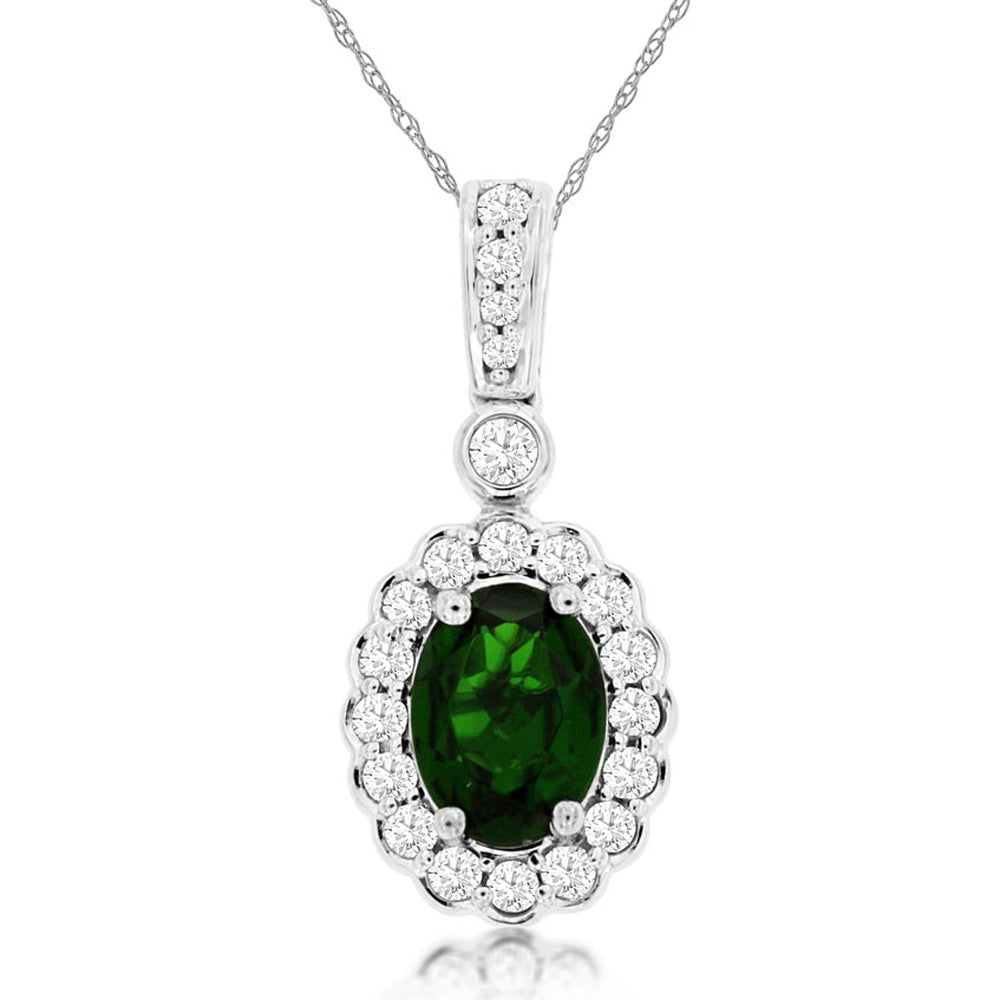 14K White Gold Oval Russalite and Diamond Halo Pendant Necklace - 0.95 Carat Russalite and 0.25 Carat Total Diamond Weight - Royal Jewelry